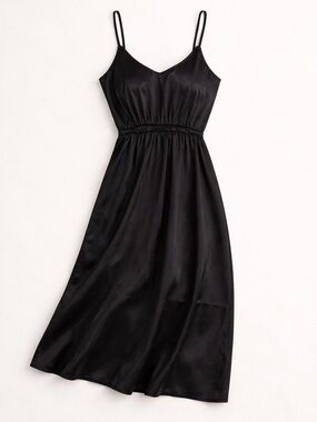 Johnny Was Calme | Black Satin Flowy Luxe Maxi Slip Dress with Spaghetti Straps
